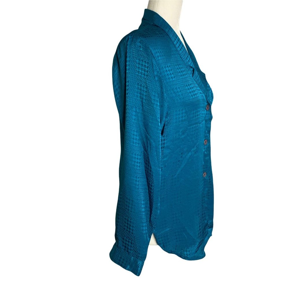 Vintage Silky Button Up Shirt M Teal Blue Long Sleeve Pocket Notch Collar - Picture 5 of 6